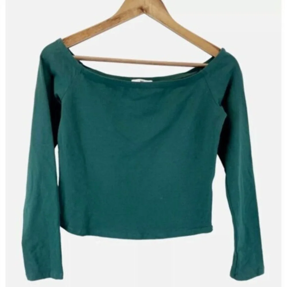 BP Womens‎ 4X Off Shoulder Long Sleeve Crop Top Solid Green Casual Trendy
